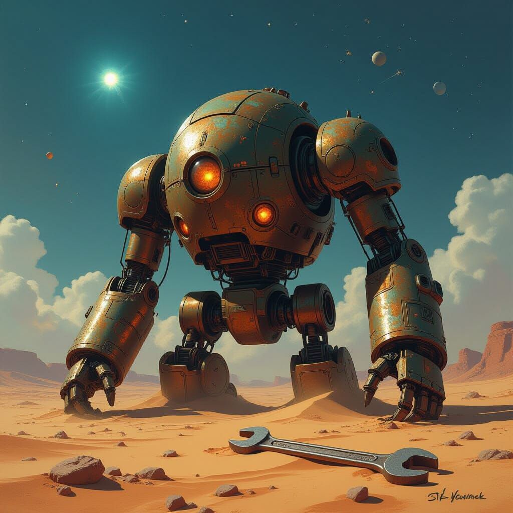 Ancient Clockwork Giant on Alien Desert in Realistic Paintin...