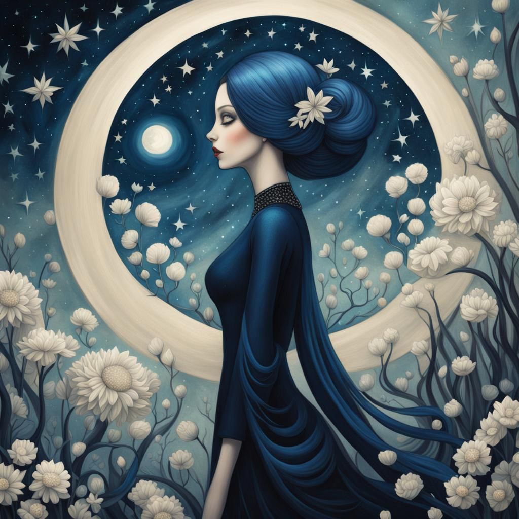 Indigo Woman in Starry Garden: Digital Art