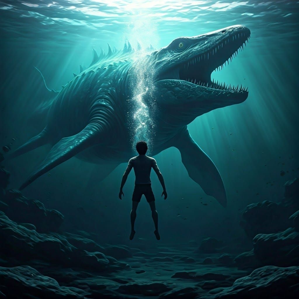 Man Drowning in a Sea of Terror as a Giant Ghostly Mosasaur ...