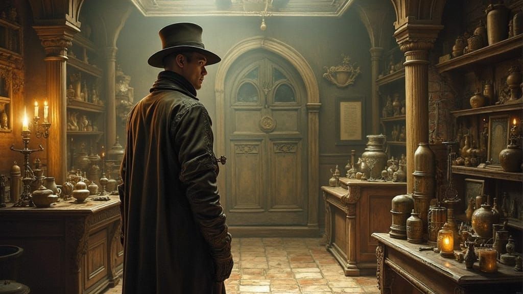 Enigmatic Figure in Whimsical Atmosphere, in the Style of Ja...