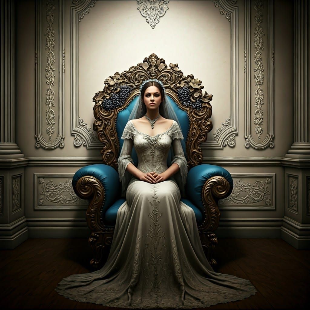 Elegant Bride Adorned with Grapevine Carvings in Victorian F...