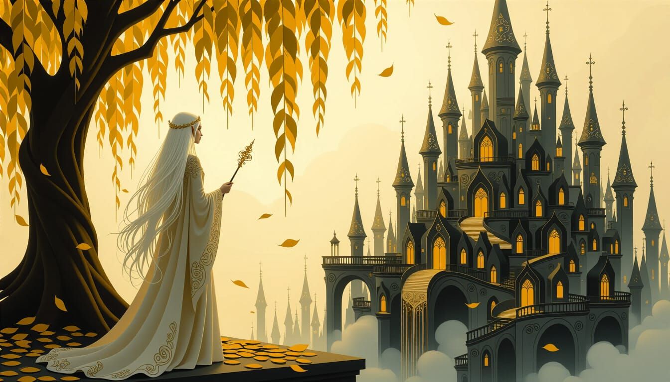 Impasto Painting of Elf Overlooking Surreal Cityscape