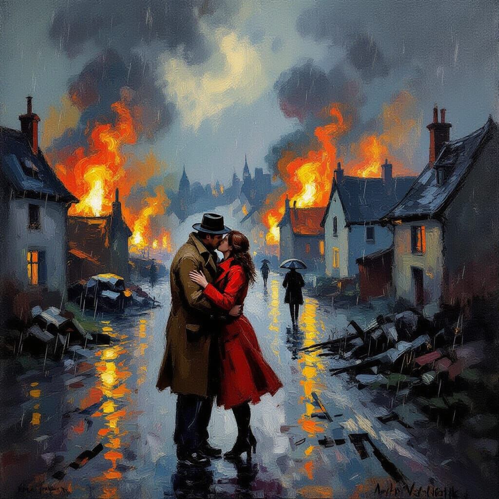 Impressionist Oil Painting of Village Under Bombing Raid