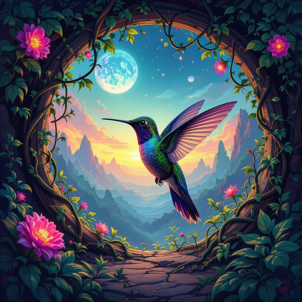 Hummingbird Finds Portal to Alien World in Surreal Style