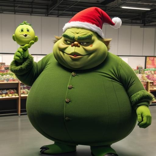 Humorous Obese Grinch in Mascot Costume