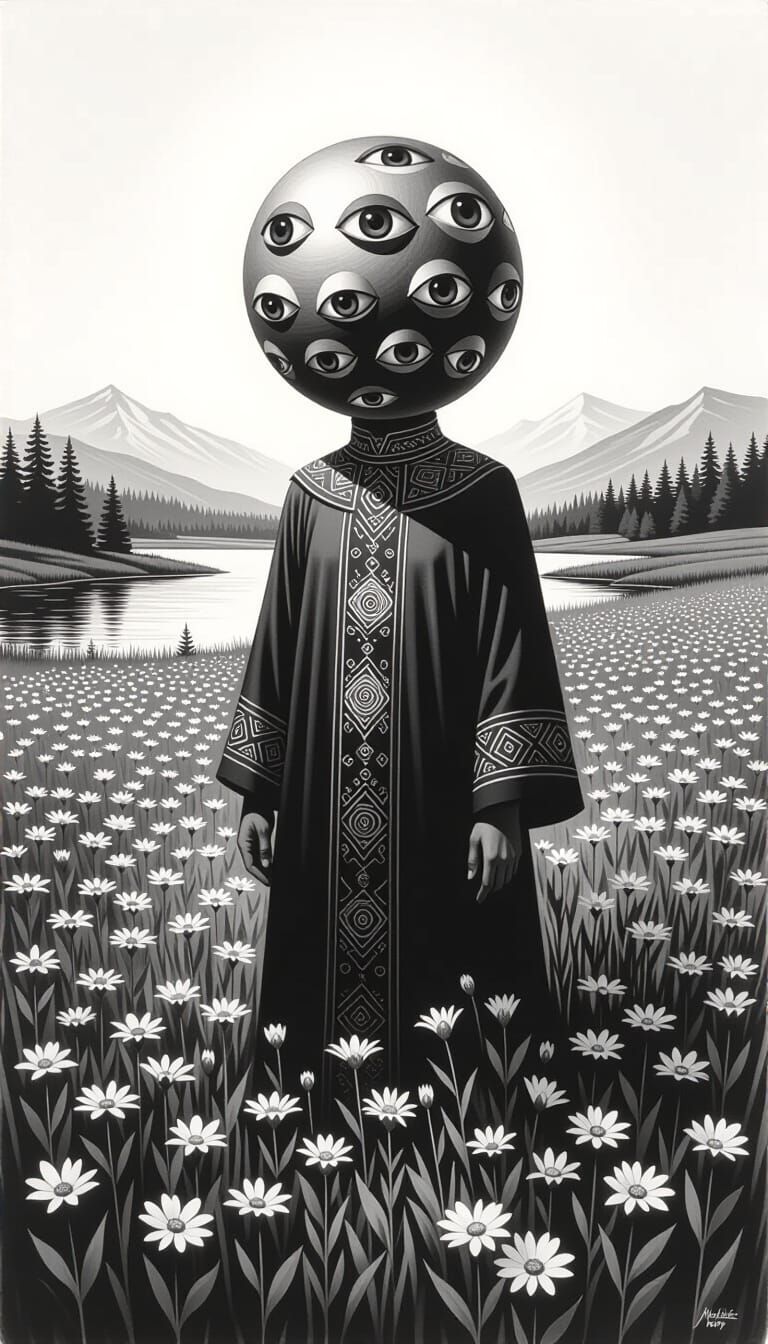 Charcoal Figure with Multi-Eyed Head in Wildflower Field