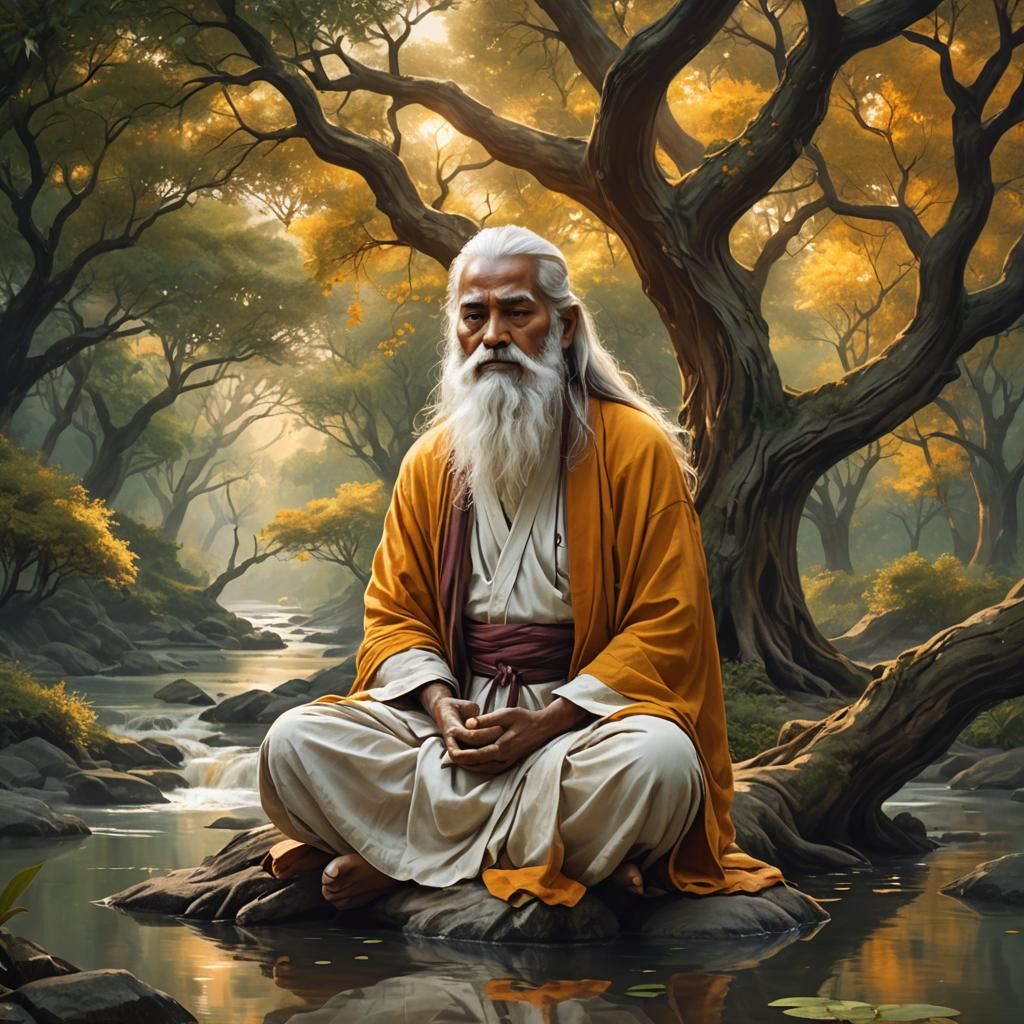 Mystical Sage Meditating in Ancient Forest