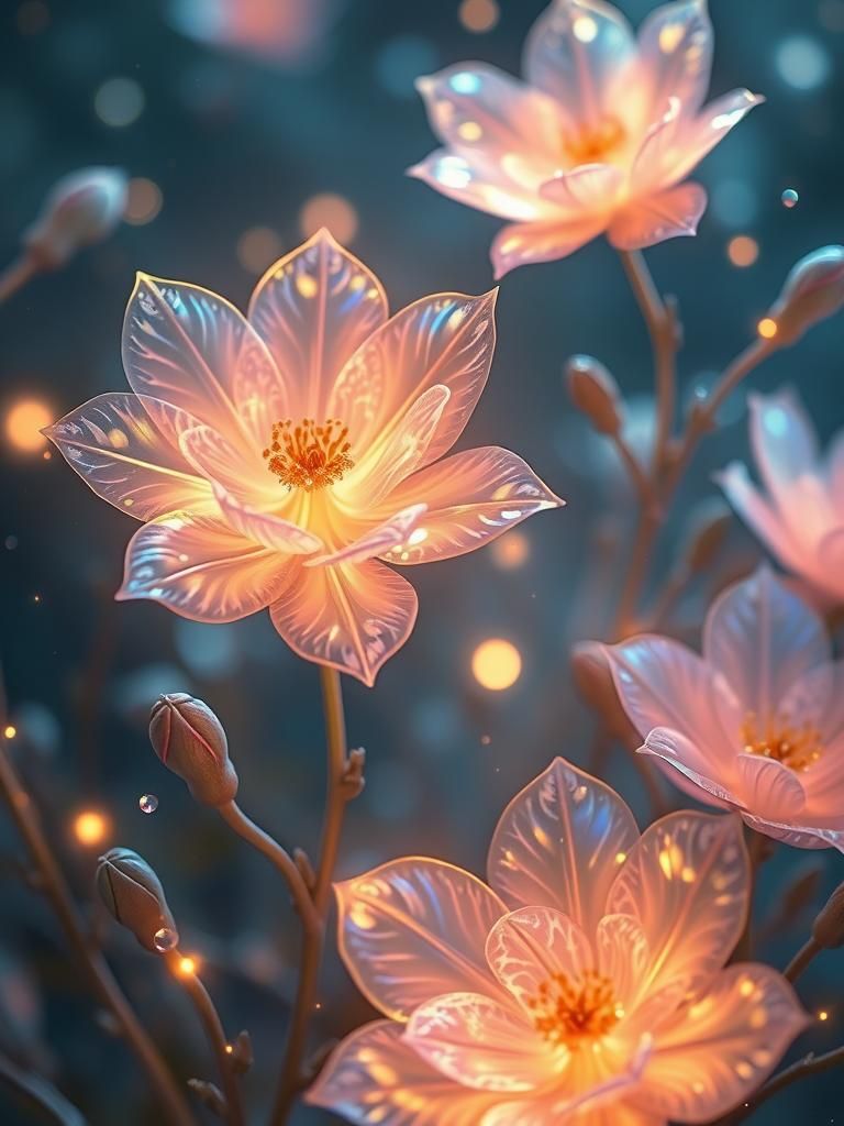 Glowing Flowers with Iridescent Petals, Hyperrealistic Art