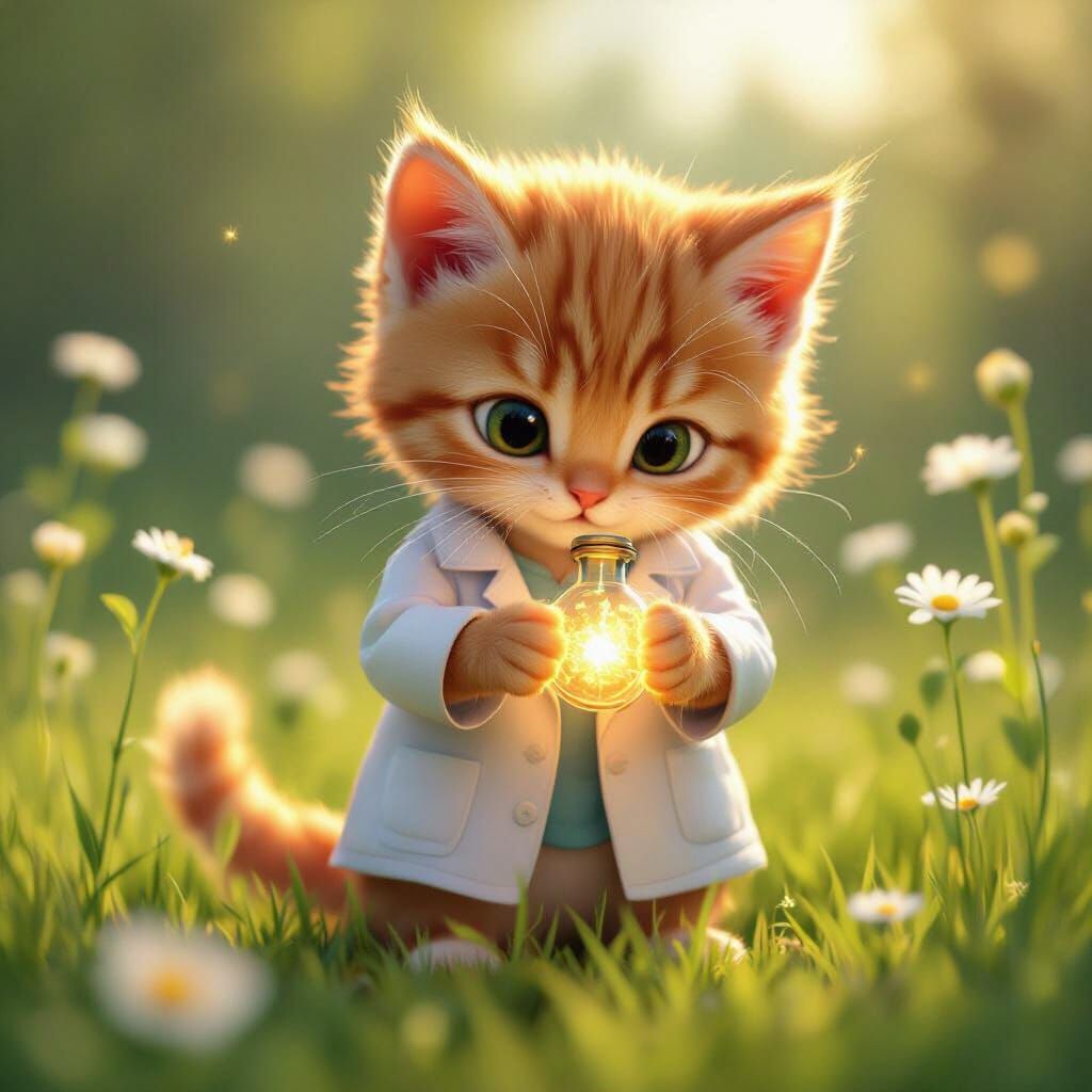 Kitten Scientist Examining Glowing Vial, Pixar Style
