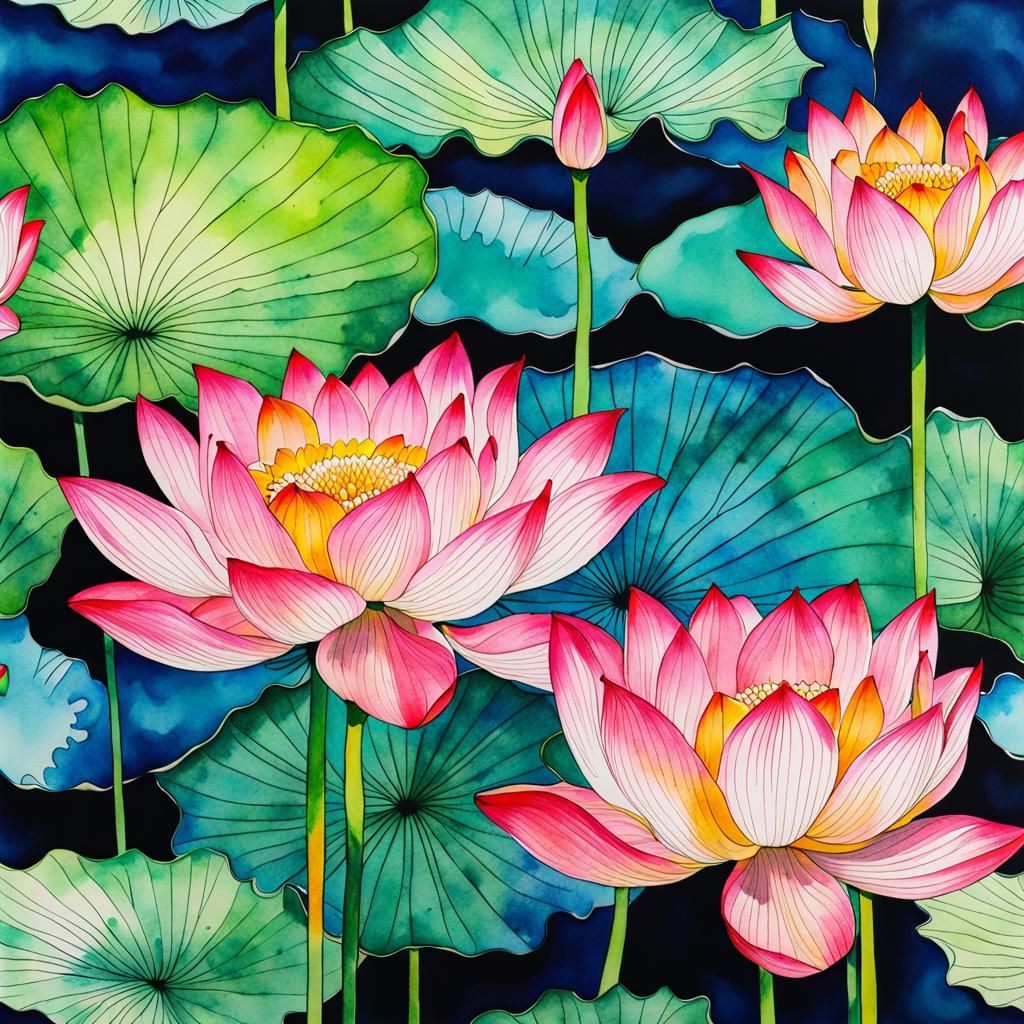 Vibrant Watercolor Lotus Flowers on Lake