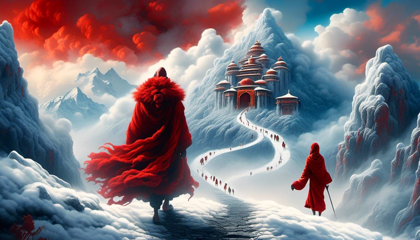 Monk Leads Woman Through Snowy Pass in Surrealist Style