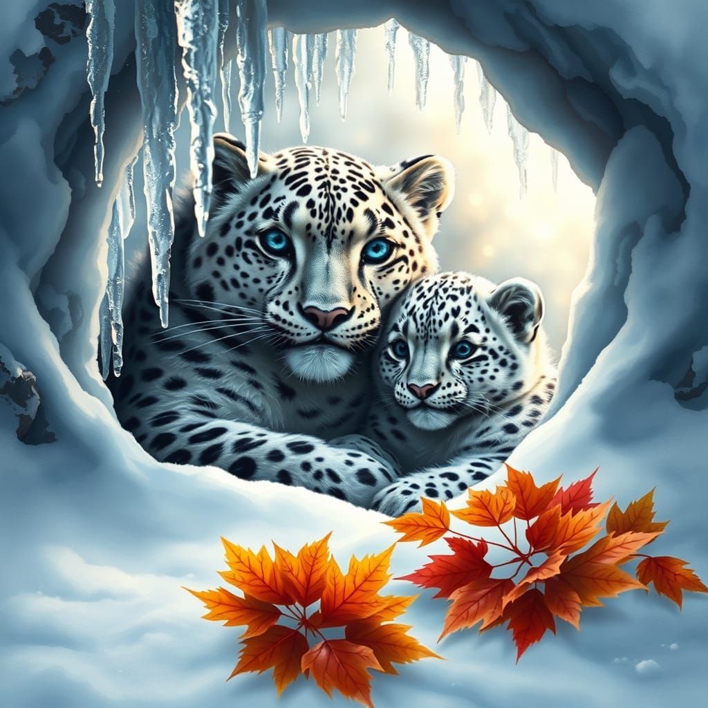Majestic Snow Leopard and Cub in Ethereal Cave
