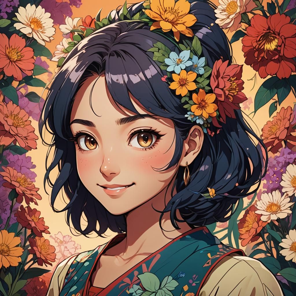 Anime Manga Girl Xochitl with Flowers