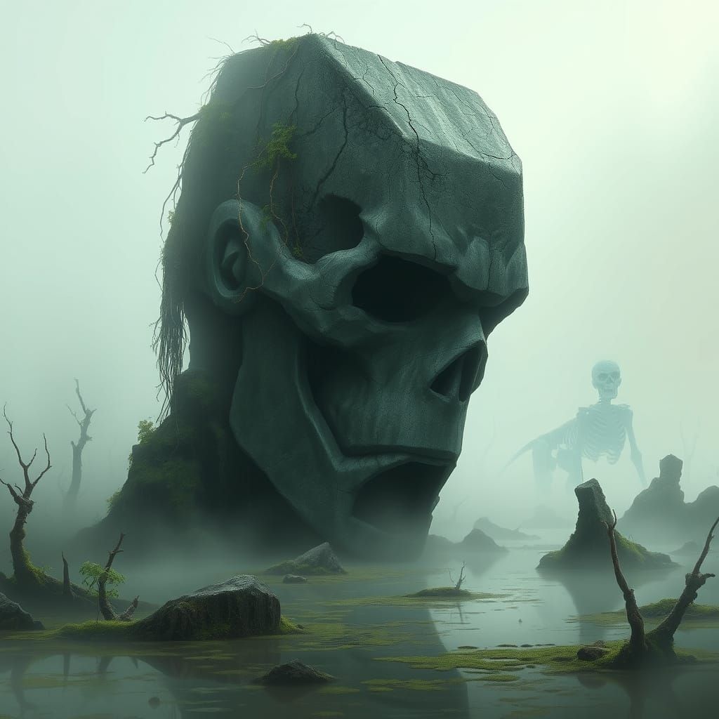 Colossal Stone Head in Misty Swamp Ruins
