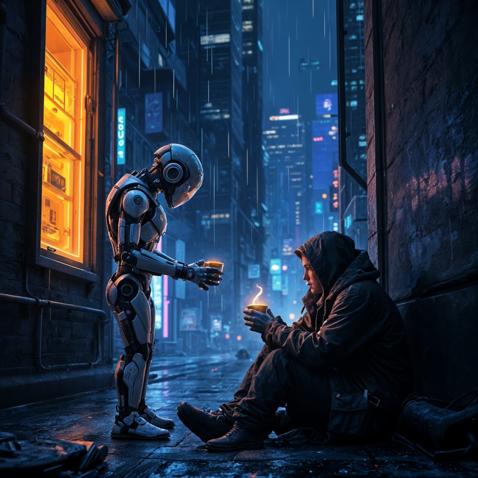 Android Offers Sustenance to Homeless Human in Cyberpunk Cit...