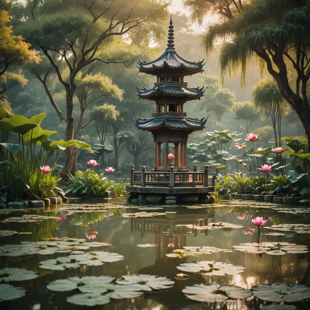 Surreal One-Column Pagoda in Golden Light