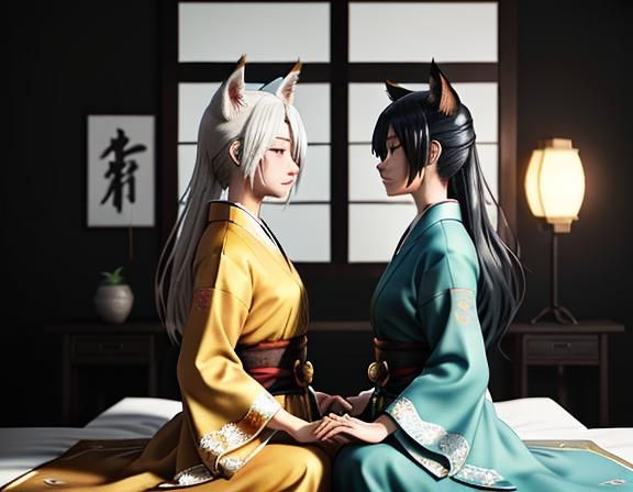 Romantic Kitsune Kiss in Manga Art Style