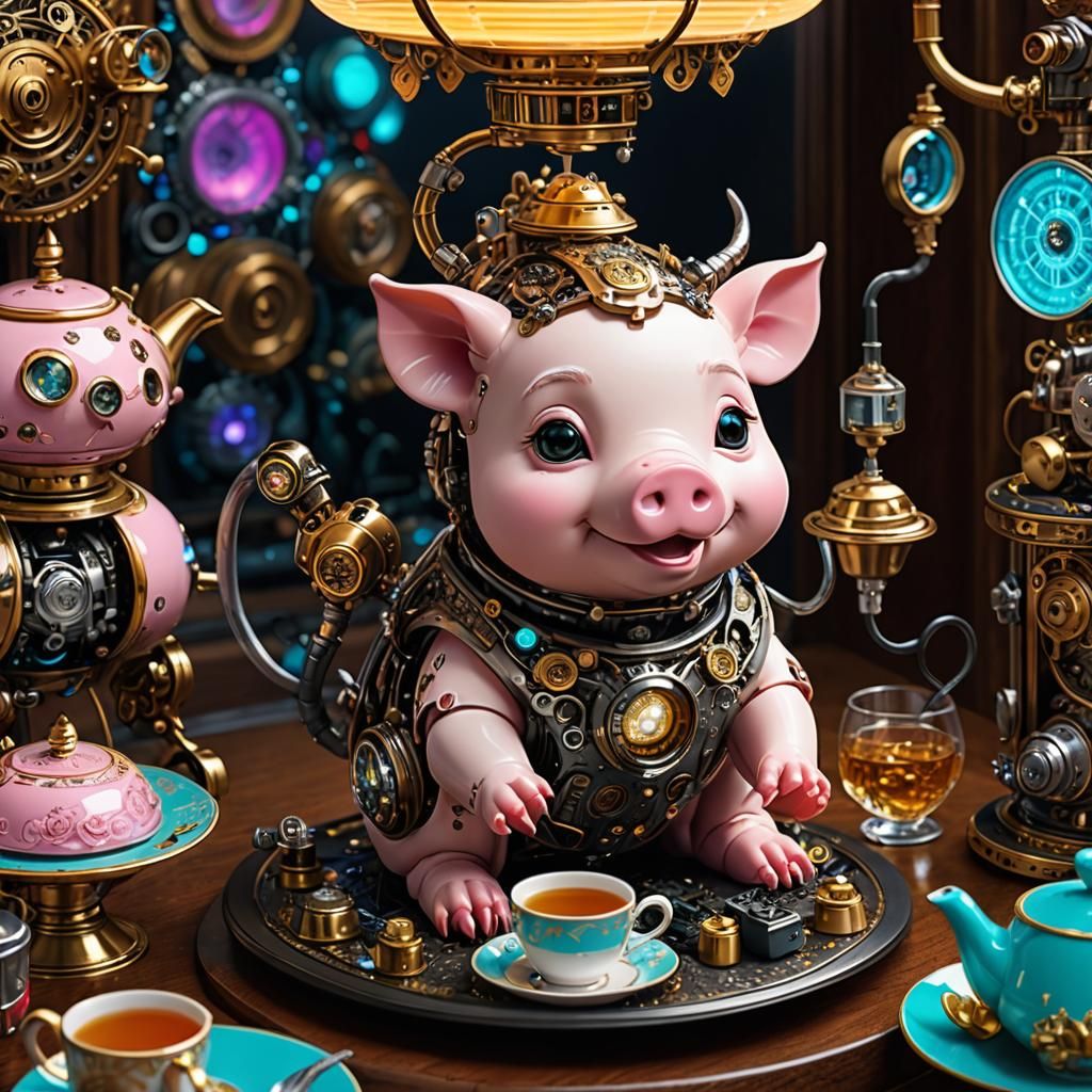 Mechanical Piglet in Teacup: Cyberpunk Diorama