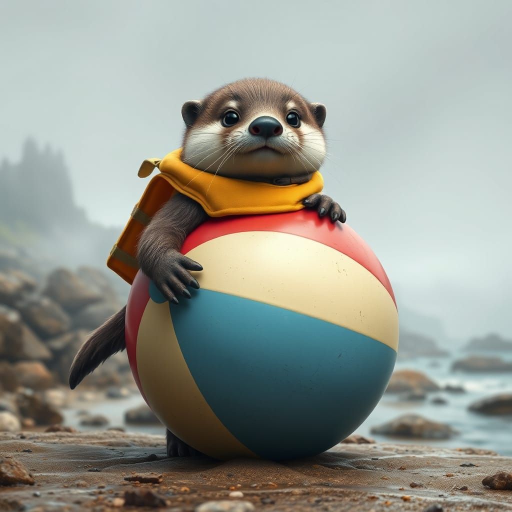 Hyperrealistic Otter Balances on Beach Ball