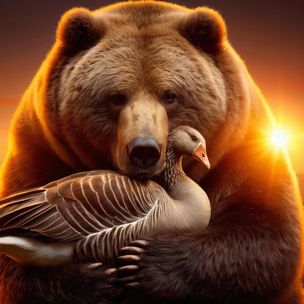 Kodiak Bear Cradling Goose in Sunset Light