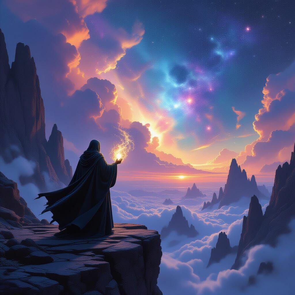 Wizard Gazes Over Nebula Sky With Glowing Artifact