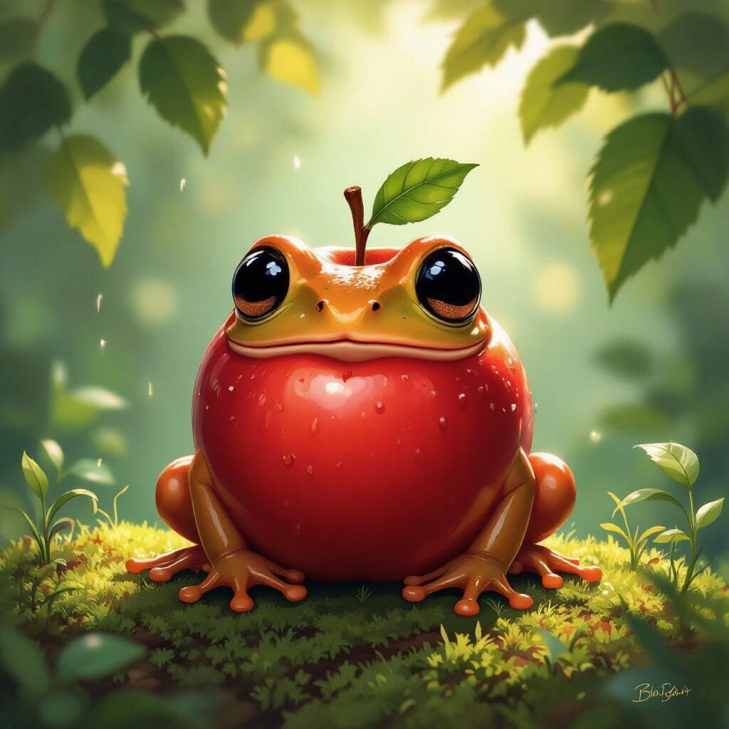 Whimsical Apple-Frog Sitting in Dappled Sunlight