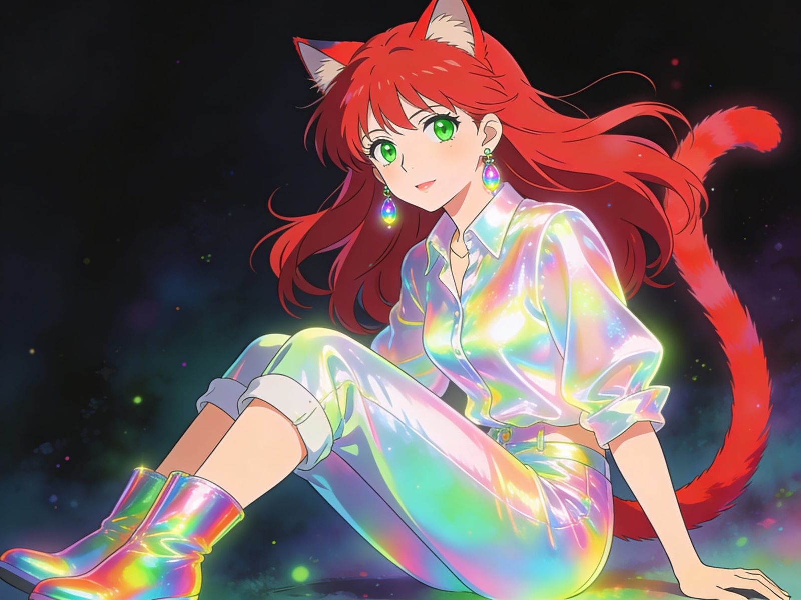 Japanese Woman with Cat Features in Iridescent Anime Style