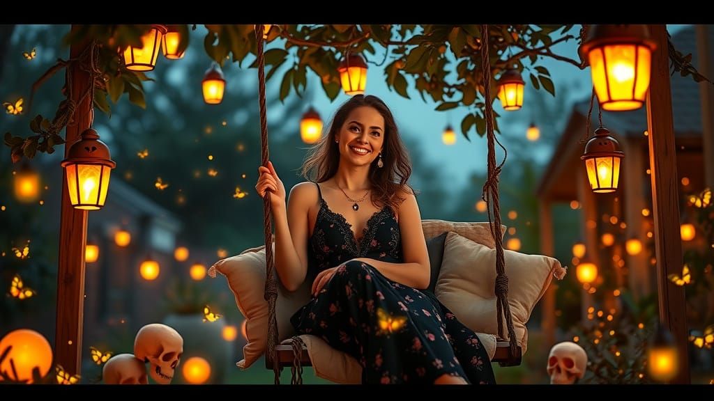 Joyful Evening Garden Scene with Glowing Lanterns