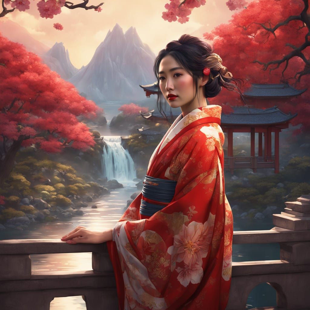 Japanese Woman in Traditional Kimono, Weeping by Cherry Blos...