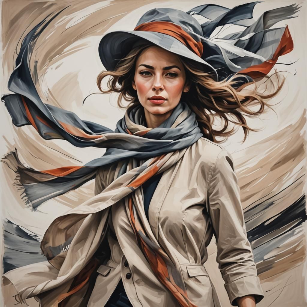Windy Season: Woman Loses Hat, Modern Art