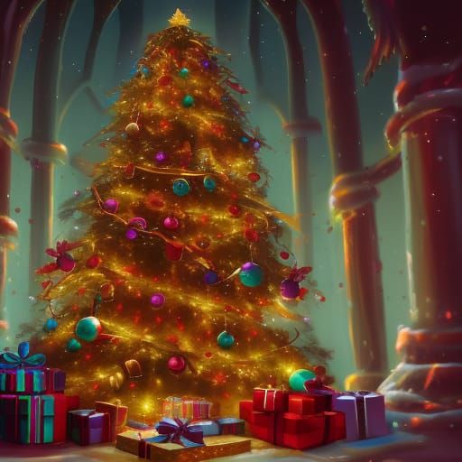 Fantastical Christmas Tree with Presents, Digital Painting