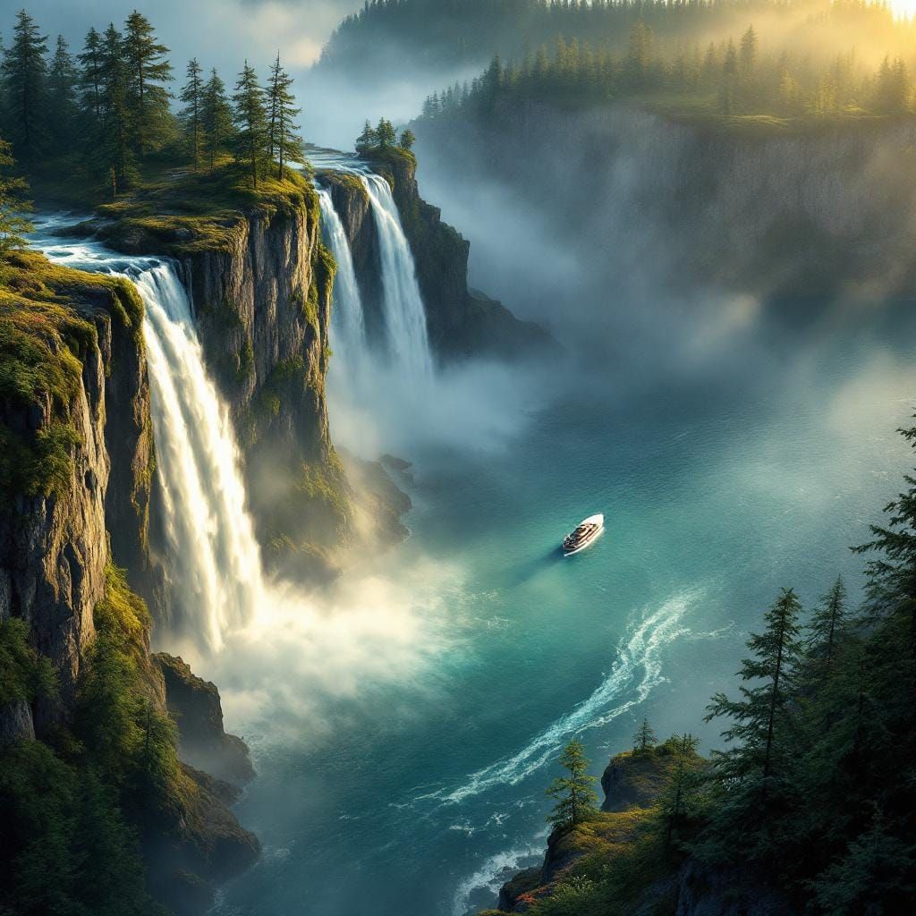 Cliffside Waterfall in Painterly Realism Style