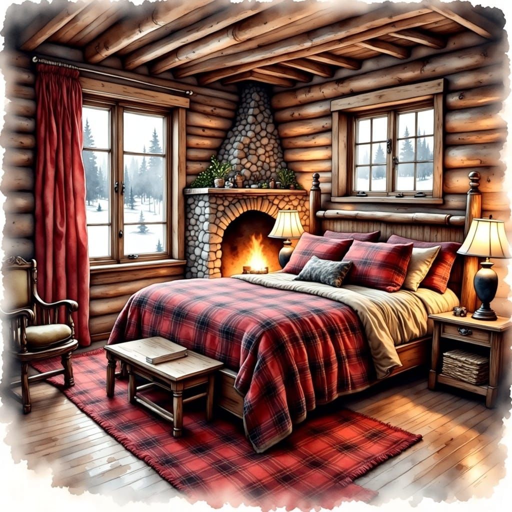 Cozy Grunge Cabin Bedroom in Watercolor