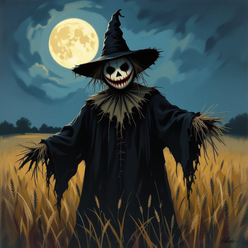 Sinister Scarecrow in Moonlit Field: A Gouache Painting