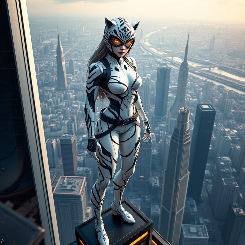 Futuristic Female Hero Overlooks City from Skyscraper in Whi...