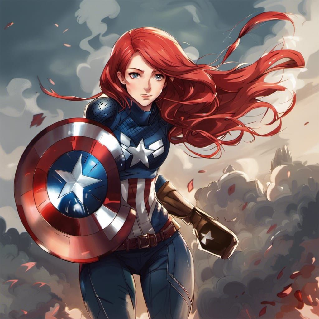 Red-Haired Girl as Captain America in Anime Style