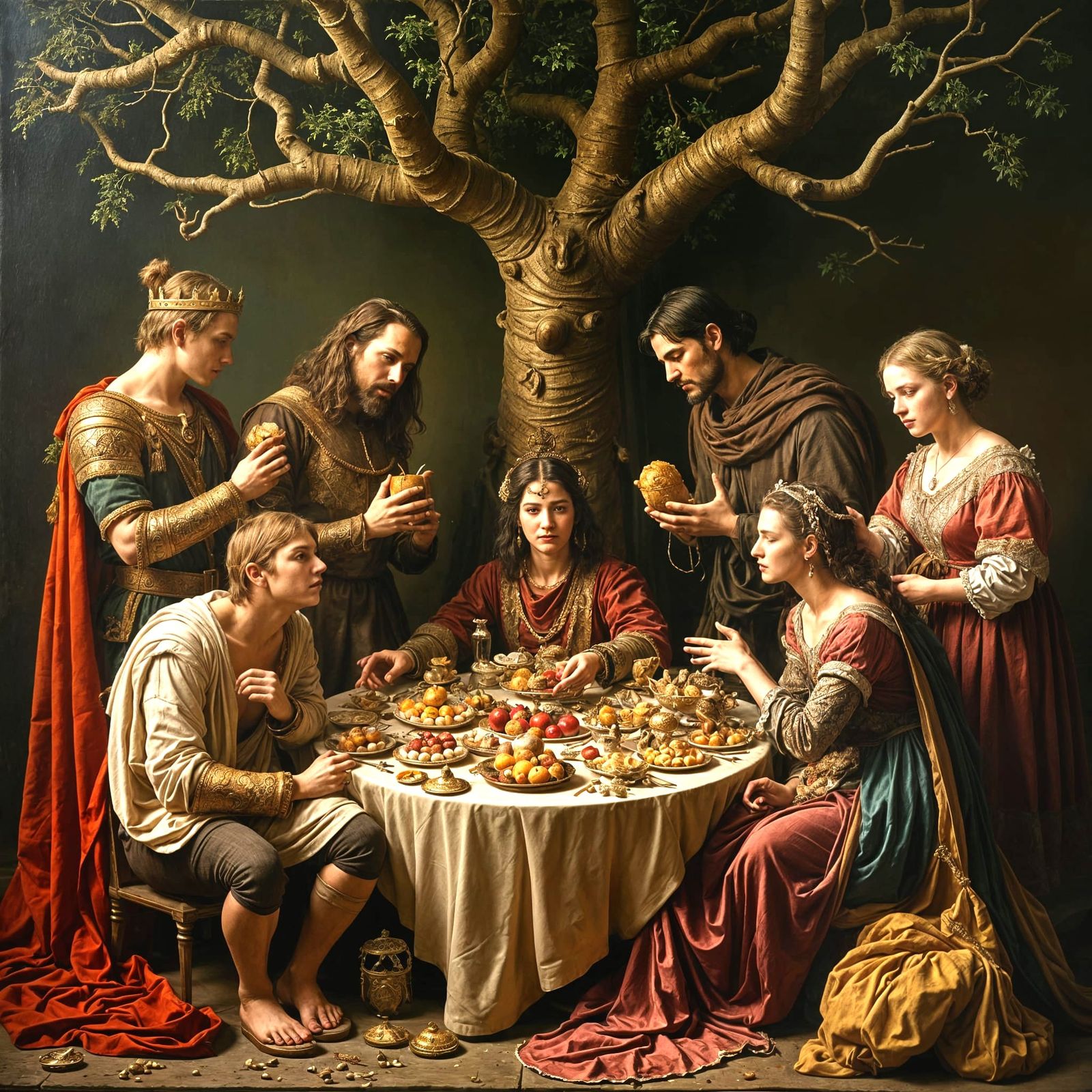 Majestic Renaissance Scene: Regal Figures and Deadly Sins