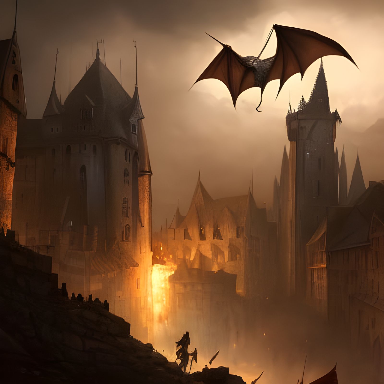 Dragon Attack on Medieval Town in Dark Fantasy Style