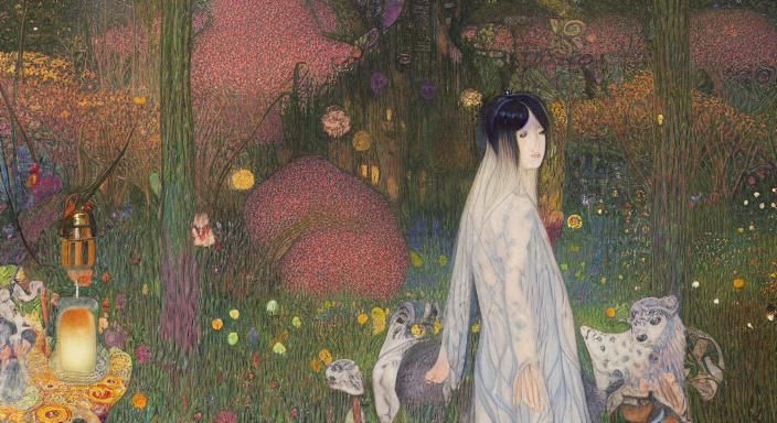 Sunset-Hybrid Woman in Magical Forest, Klimt Style