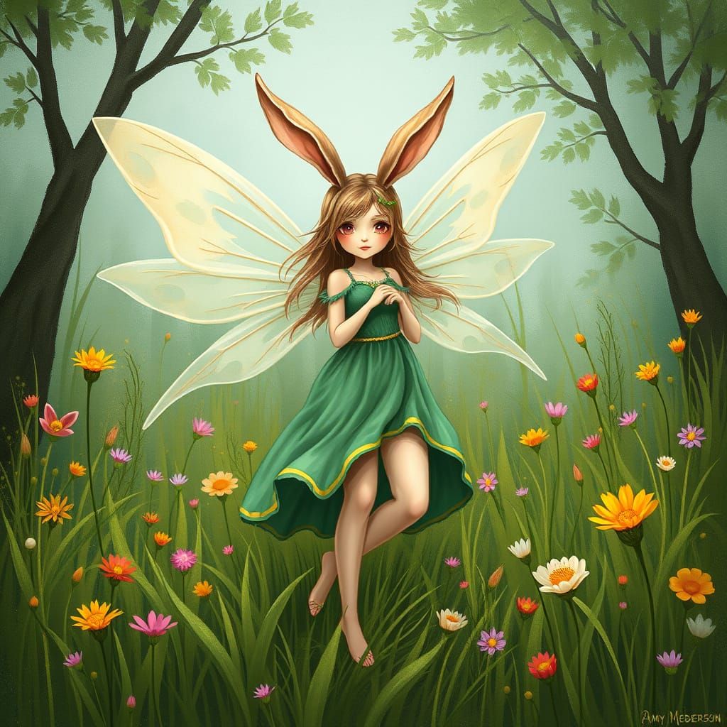 Whimsical Fairy-Rabbit-Girl in Lush Meadow