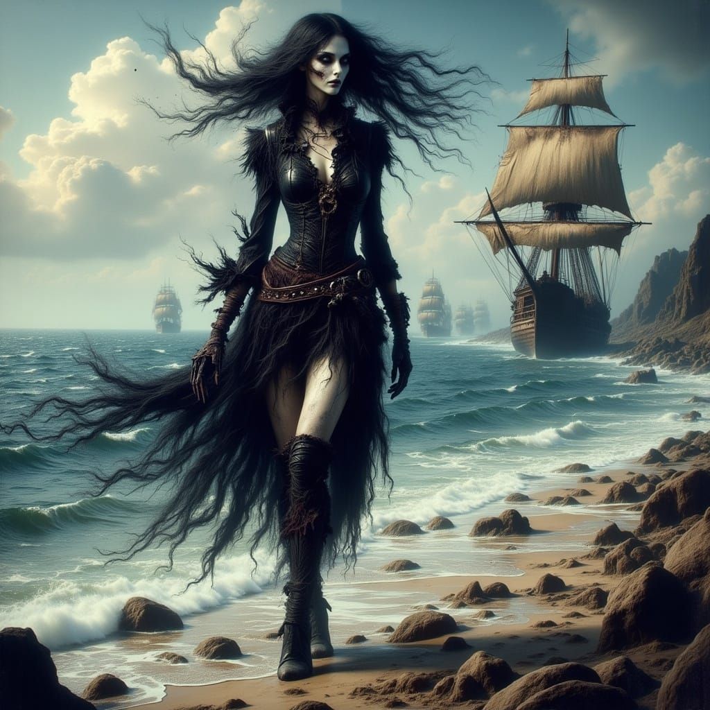 Macabre Undead Pirate Woman on Beach