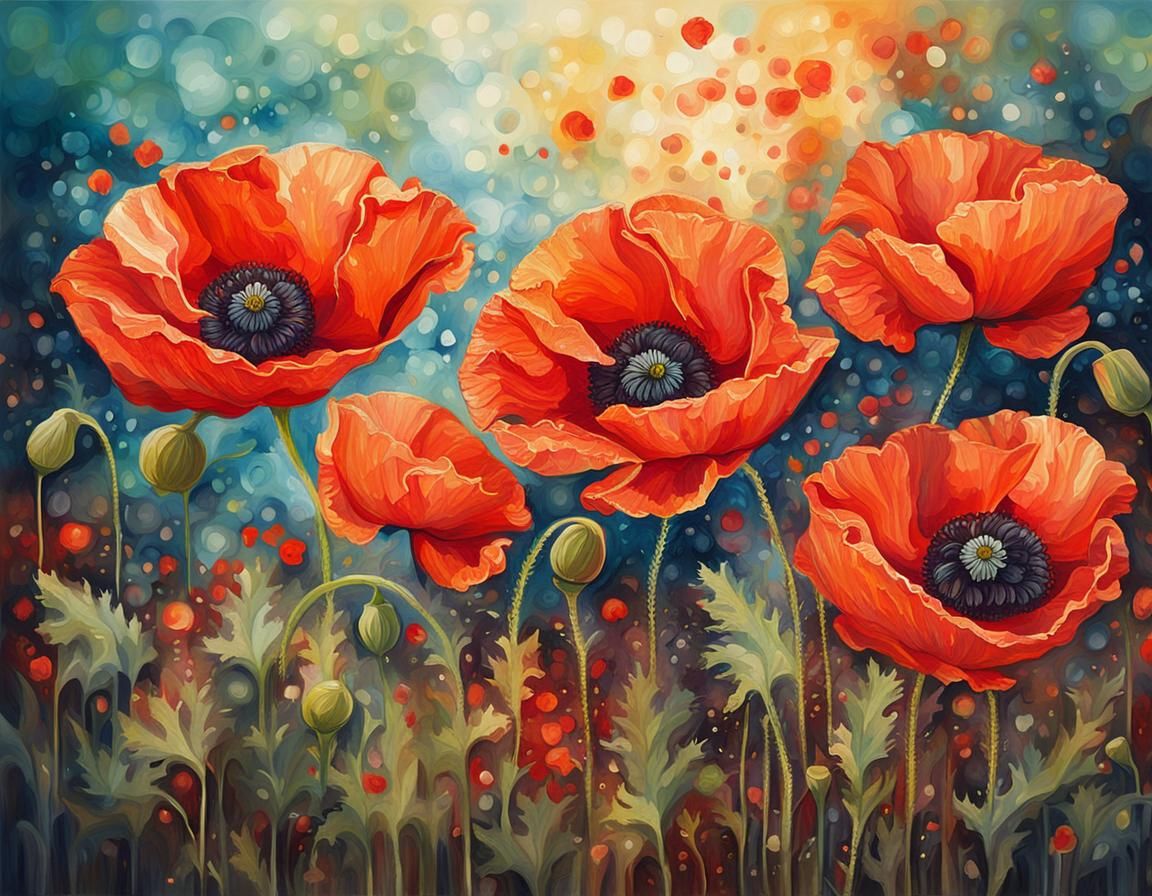 Blooming Poppies: Renaissance Painting with Bokeh