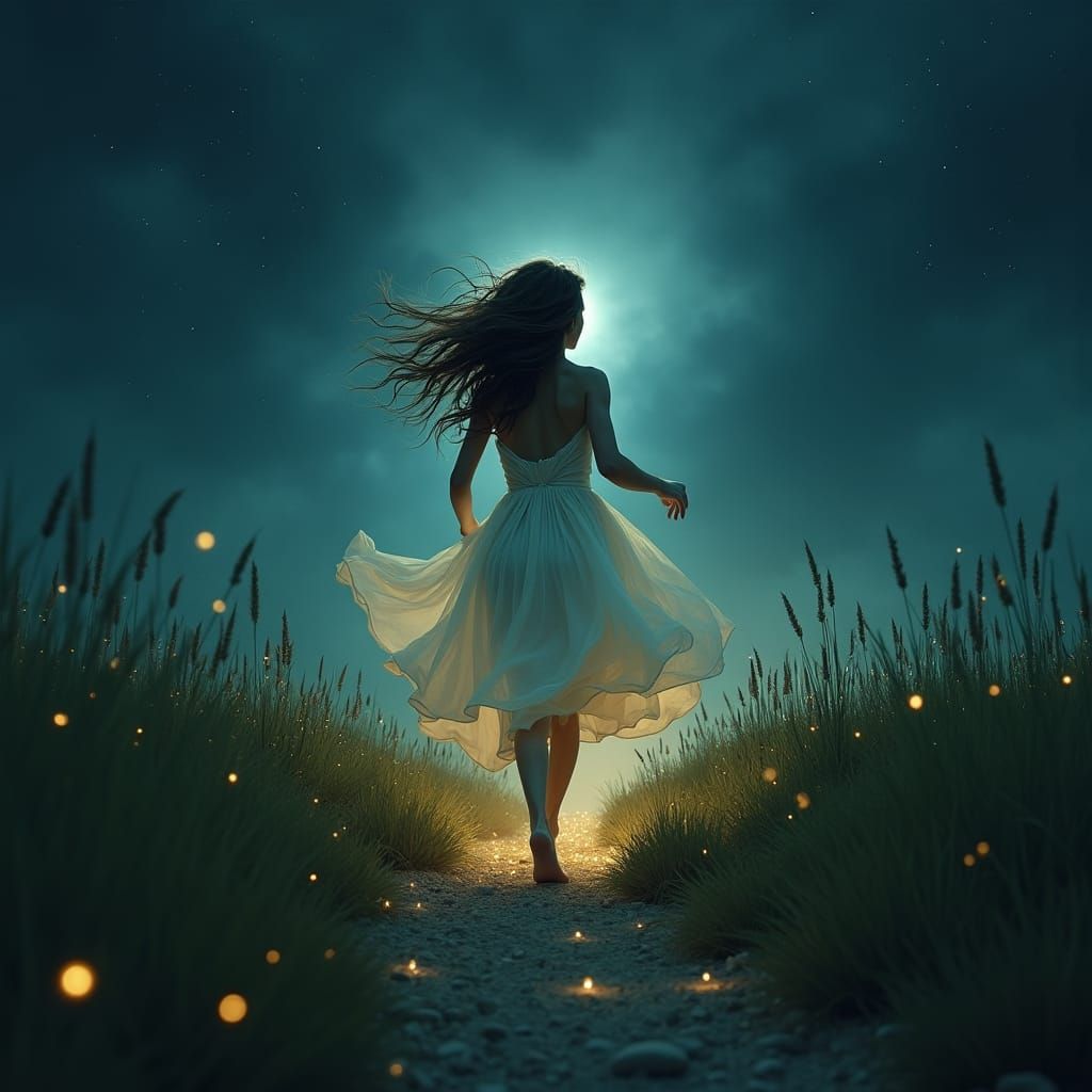 Ethereal Girl Runs Through Wheat Field at Night