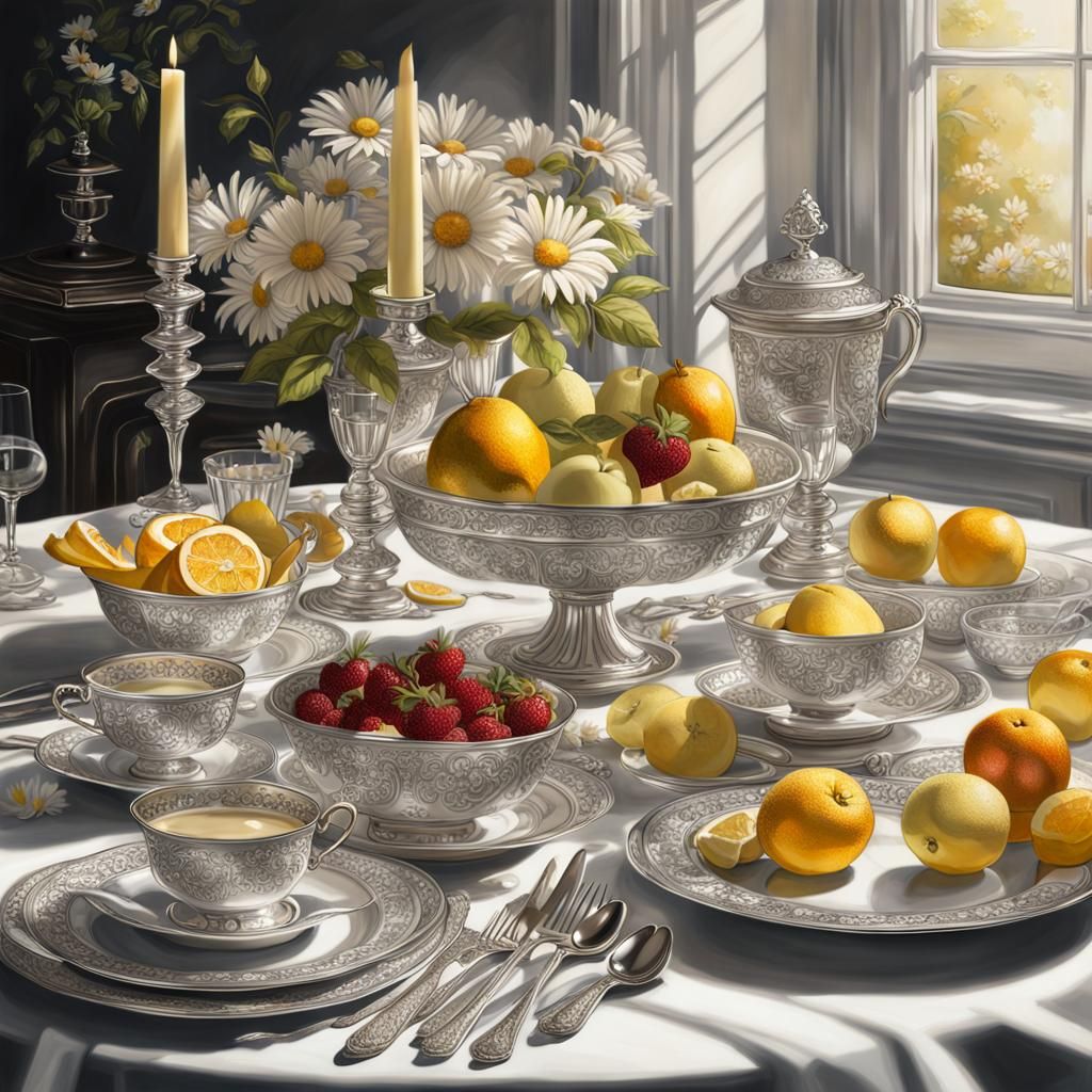 Elegant Table Setting with Fruit and Sunbeam