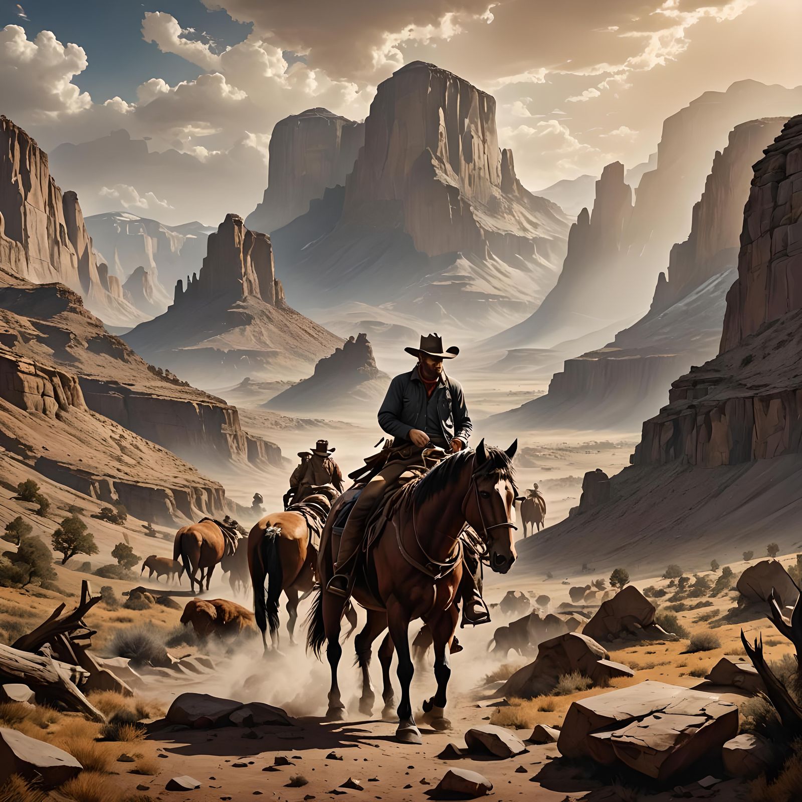 Cowboy and Bison Herd in Detailed Matte Painting
