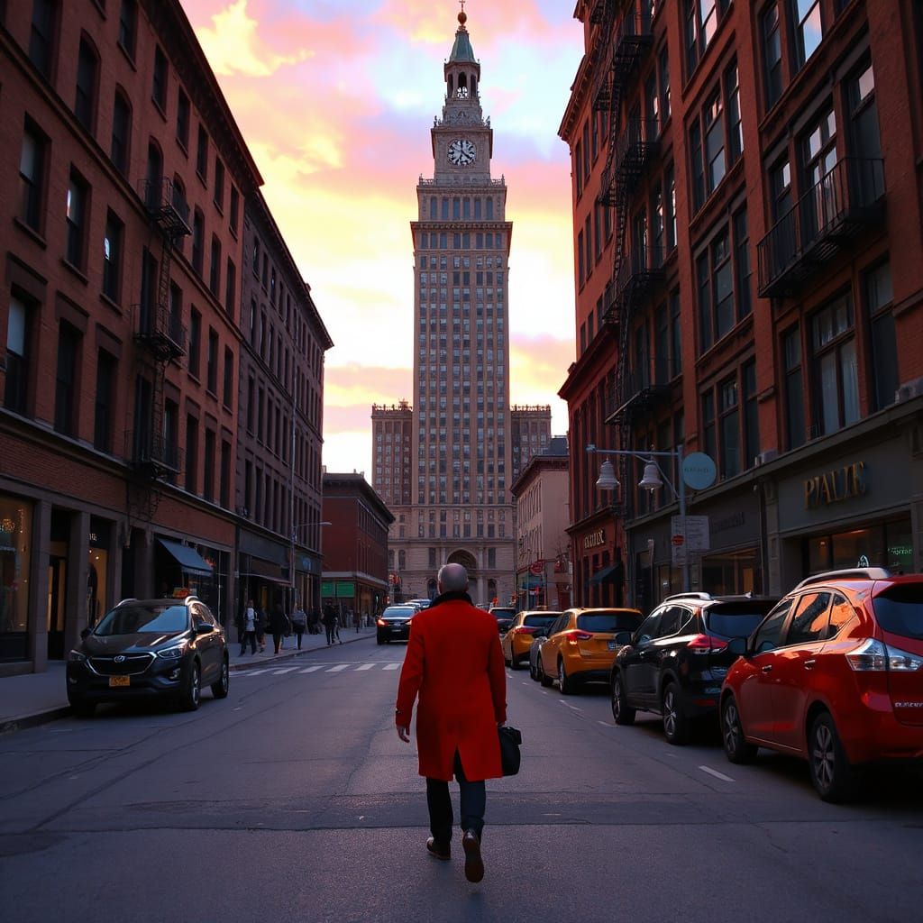 Sunset Cityscape with Figure in Red Coat