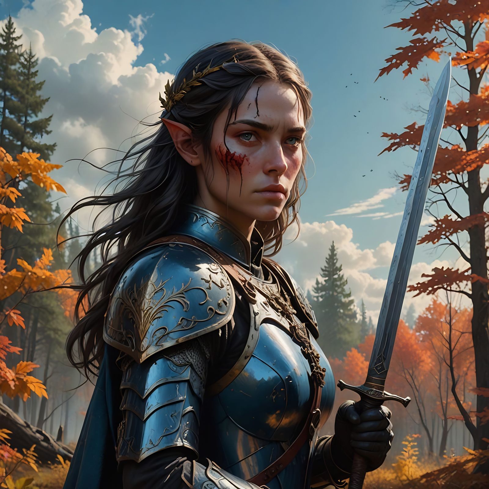 Epic Fantasy Elf Warrior Rides Through Autumn Forest