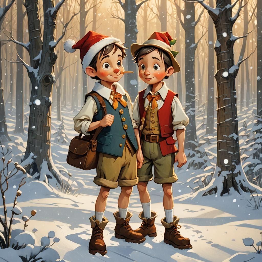 Pinocchio in Snowy Forest: Whimsical Fairy Tale