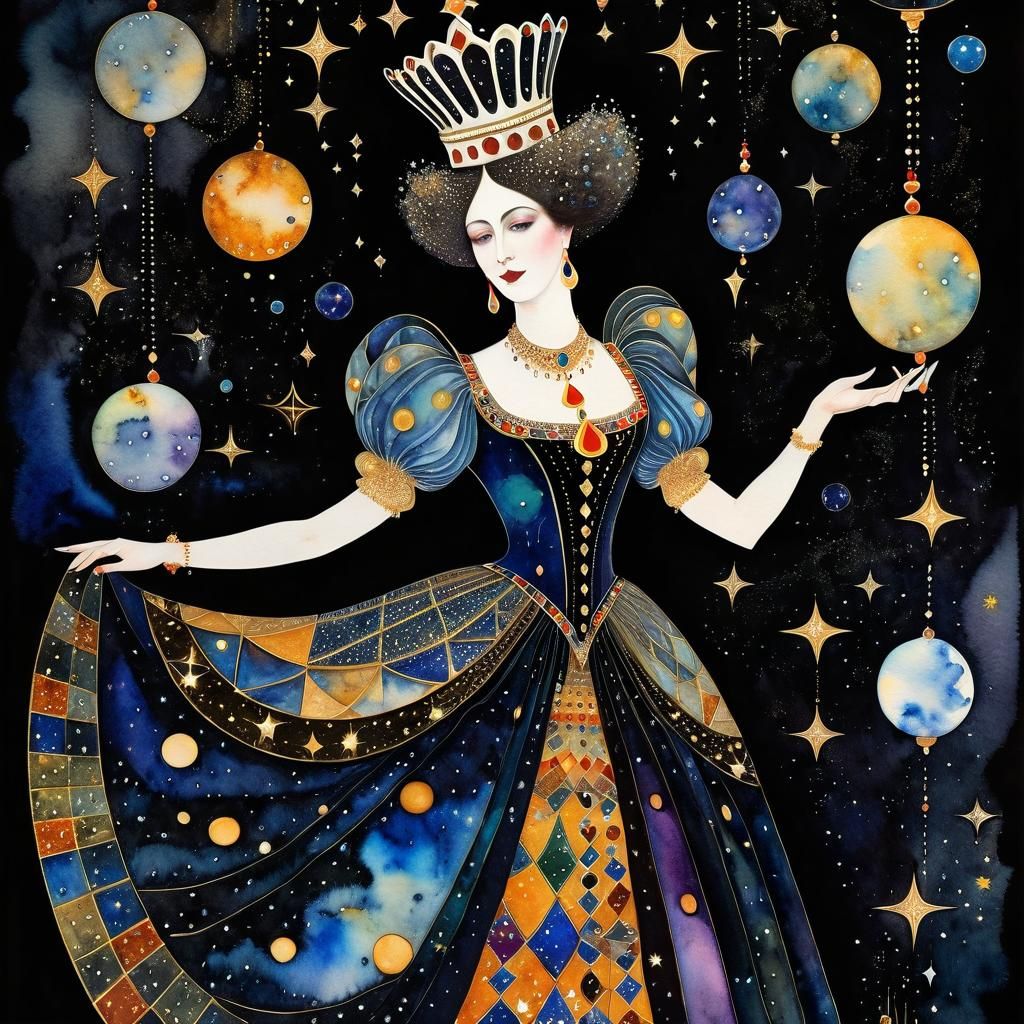 Surreal Circus Queen Juggling in Outer Space