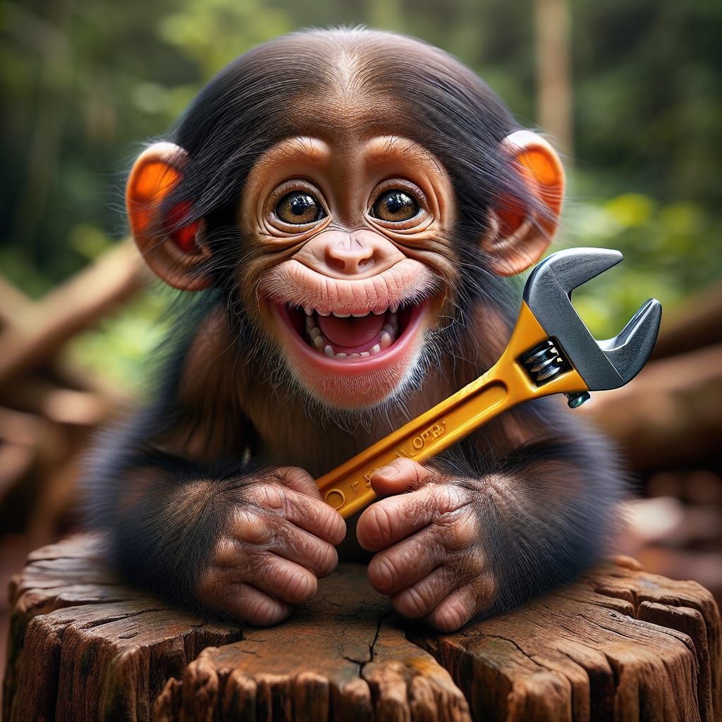 Joyful Chimp Mechanic with Toy Wrench